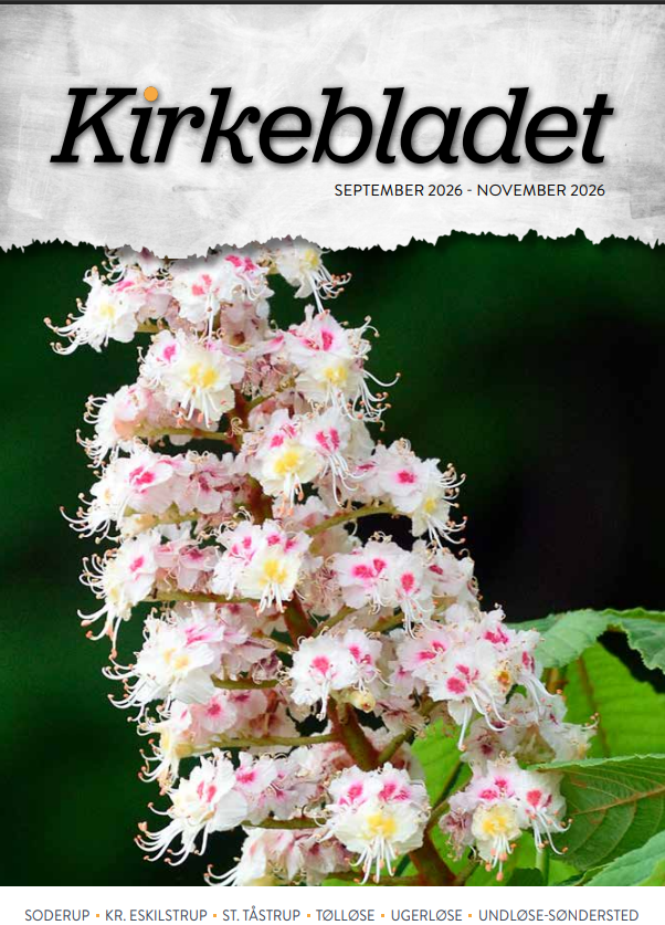 Forsiden af "Kirkebladet" (marts–maj 2026) med hvide vintergækker i blomst.
